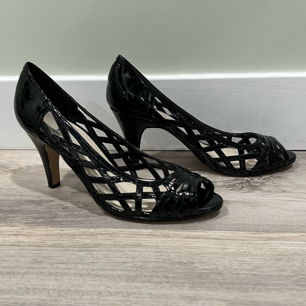 Impo Black Faux Leather Lattice Caged Peep Toe Pumps Stiletto Heels Size 9.5
